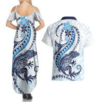 Blue Maori Tuatara Couples Matching Summer Maxi Dress and Hawaiian Shirt Luxury Pastel Pattern LT01 - Polynesian Pride