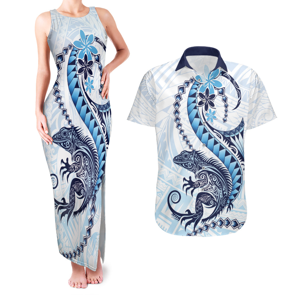 Blue Maori Tuatara Couples Matching Tank Maxi Dress and Hawaiian Shirt Luxury Pastel Pattern LT01 Blue - Polynesian Pride