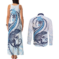 Blue Maori Tuatara Couples Matching Tank Maxi Dress and Long Sleeve Button Shirt Luxury Pastel Pattern