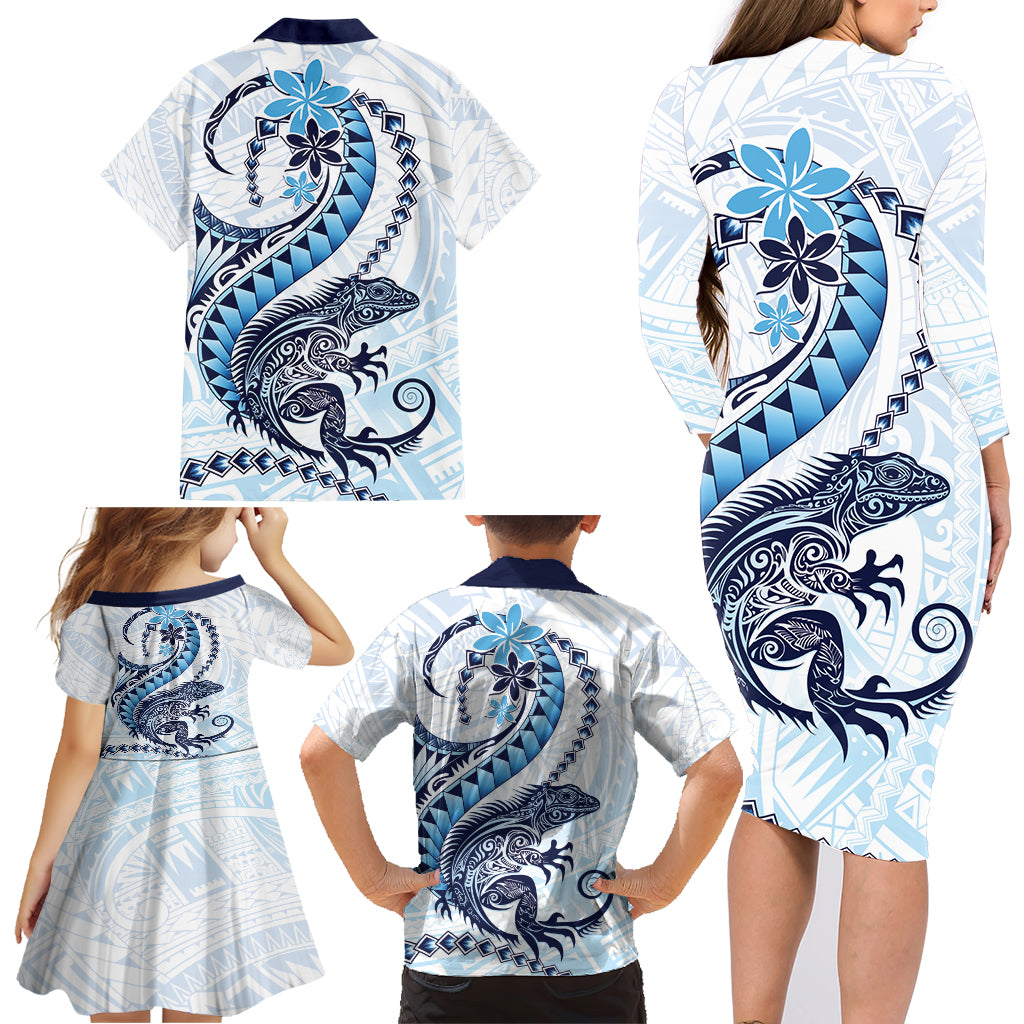 Blue Maori Tuatara Family Matching Long Sleeve Bodycon Dress and Hawaiian Shirt Luxury Pastel Pattern