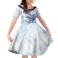 Blue Maori Tuatara Family Matching Off Shoulder Maxi Dress and Hawaiian Shirt Luxury Pastel Pattern LT01 Daughter's Dress Blue - Polynesian Pride