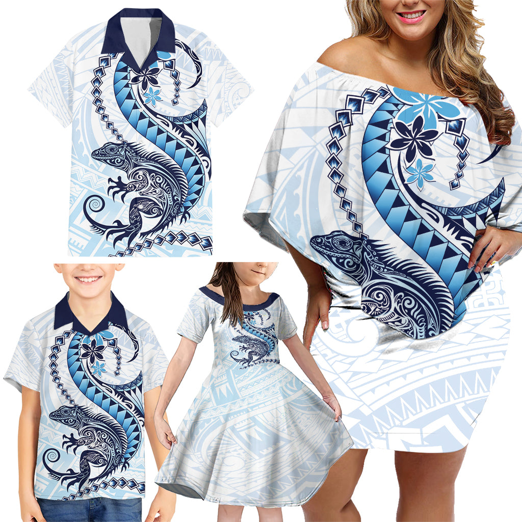 Blue Maori Tuatara Family Matching Off Shoulder Short Dress and Hawaiian Shirt Luxury Pastel Pattern LT01 - Polynesian Pride