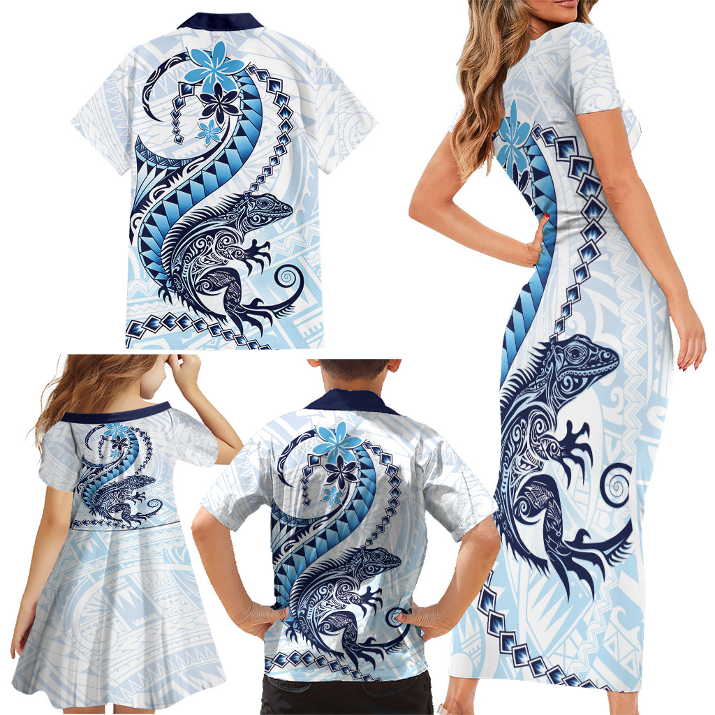Blue Maori Tuatara Family Matching Short Sleeve Bodycon Dress and Hawaiian Shirt Luxury Pastel Pattern LT01 - Polynesian Pride