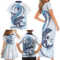 Blue Maori Tuatara Family Matching Short Sleeve Bodycon Dress and Hawaiian Shirt Luxury Pastel Pattern LT01 - Polynesian Pride