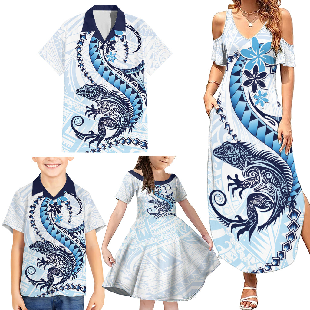 Blue Maori Tuatara Family Matching Summer Maxi Dress and Hawaiian Shirt Luxury Pastel Pattern LT01 - Polynesian Pride