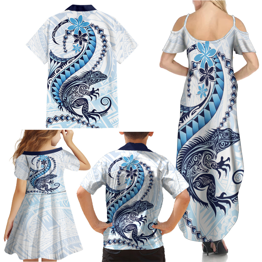 Blue Maori Tuatara Family Matching Summer Maxi Dress and Hawaiian Shirt Luxury Pastel Pattern LT01 - Polynesian Pride