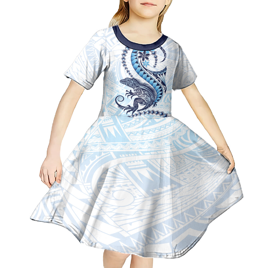 Blue Maori Tuatara Kid Short Sleeve Dress Luxury Pastel Pattern LT01 - Polynesian Pride