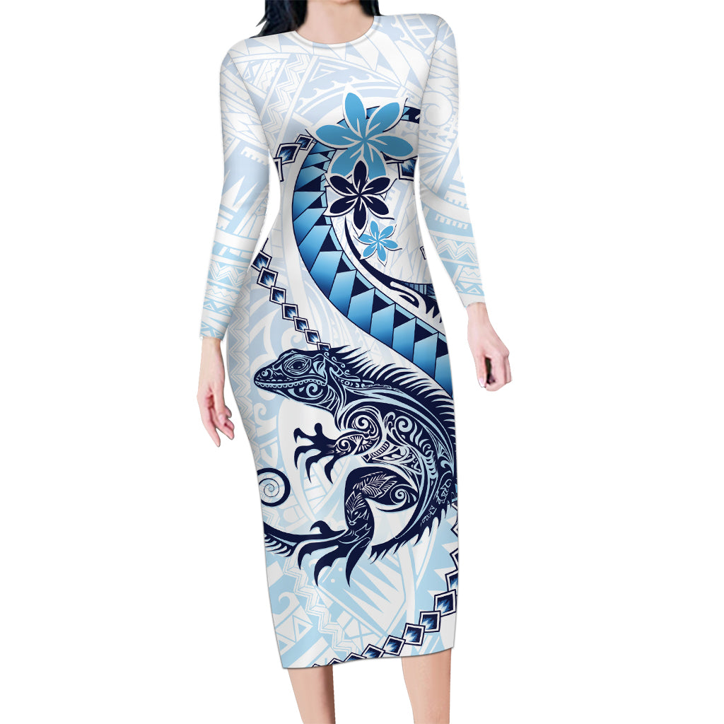 Blue Maori Tuatara Long Sleeve Bodycon Dress Luxury Pastel Pattern LT01 Long Dress Blue - Polynesian Pride