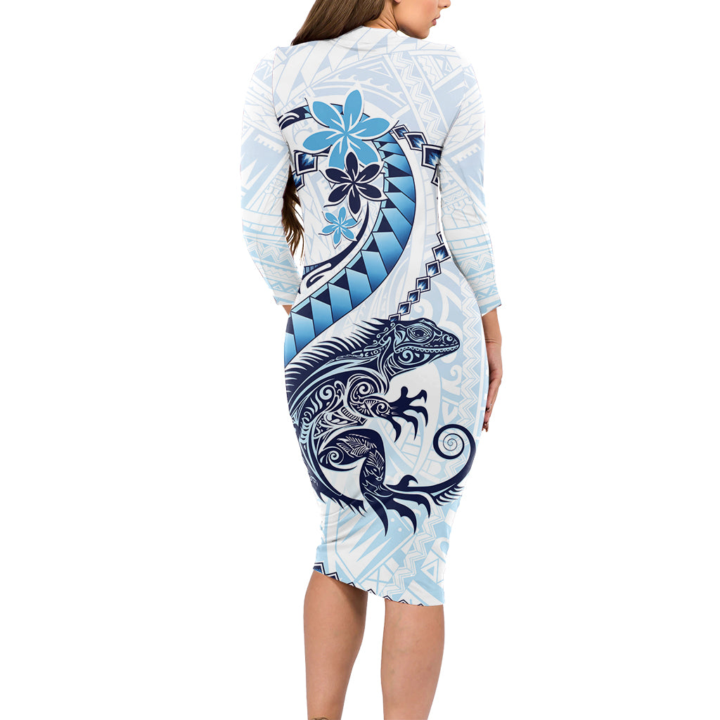 Blue Maori Tuatara Long Sleeve Bodycon Dress Luxury Pastel Pattern LT01 - Polynesian Pride