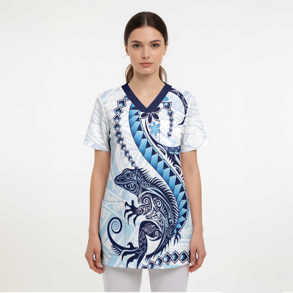 Blue Maori Tuatara Scrub Top Luxury Pastel Pattern - Polynesian Pride