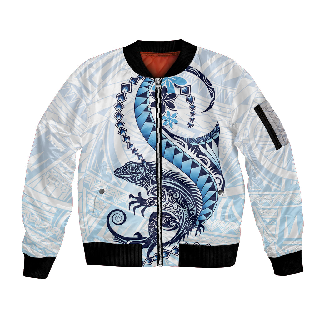 Blue Maori Tuatara Sleeve Zip Bomber Jacket Luxury Pastel Pattern