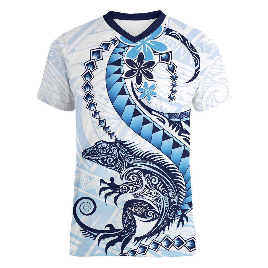 Blue Maori Tuatara Women V-Neck T-Shirt Luxury Pastel Pattern LT01 Female Blue - Polynesian Pride