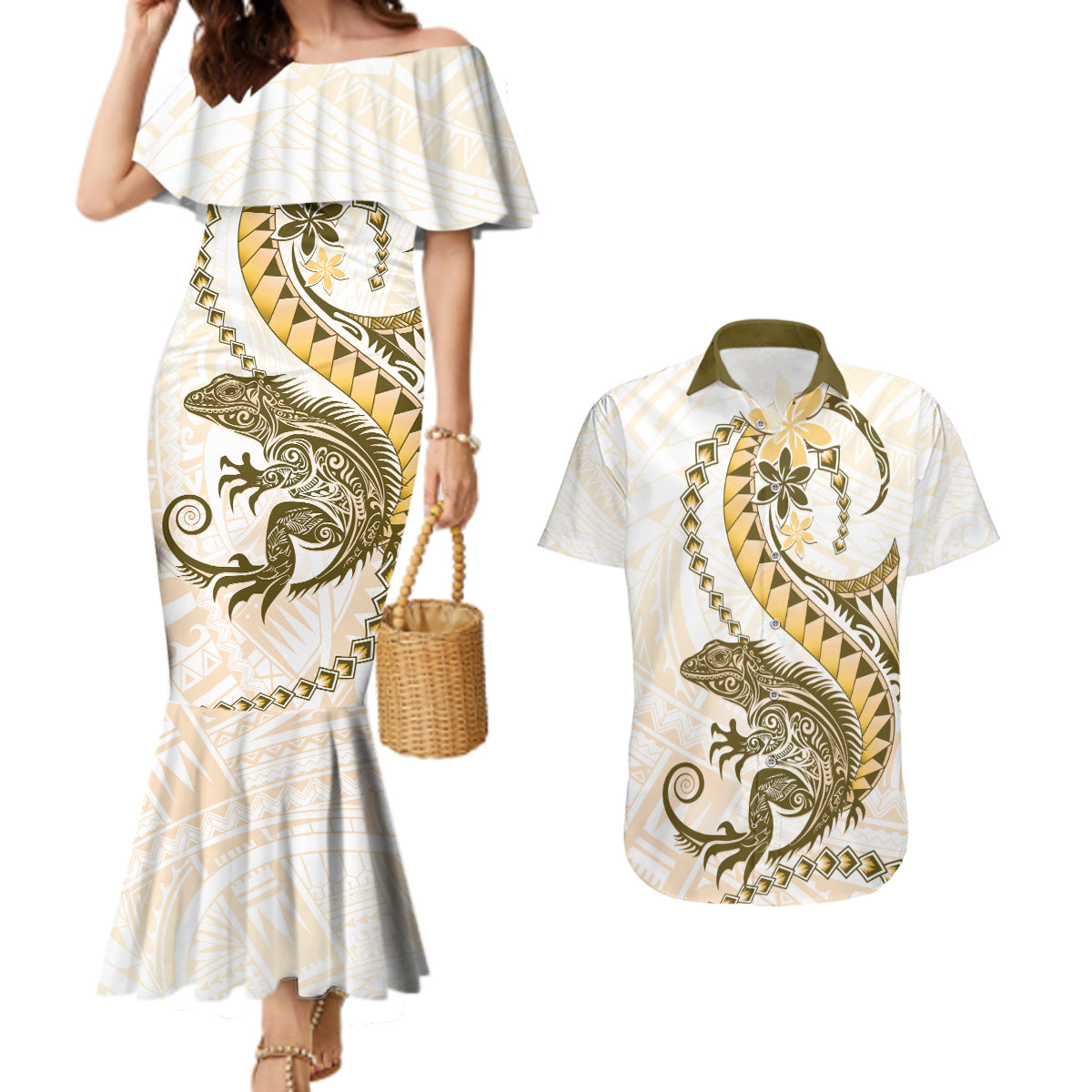 Gold Maori Tuatara Couples Matching Mermaid Dress and Hawaiian Shirt Luxury Pastel Pattern