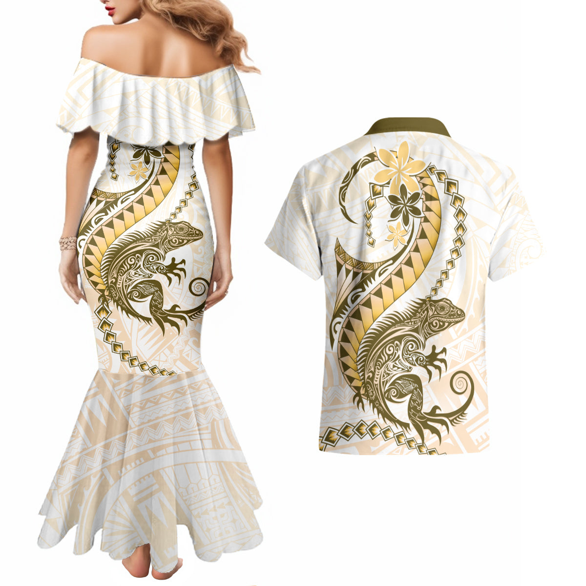 Gold Maori Tuatara Couples Matching Mermaid Dress and Hawaiian Shirt Luxury Pastel Pattern