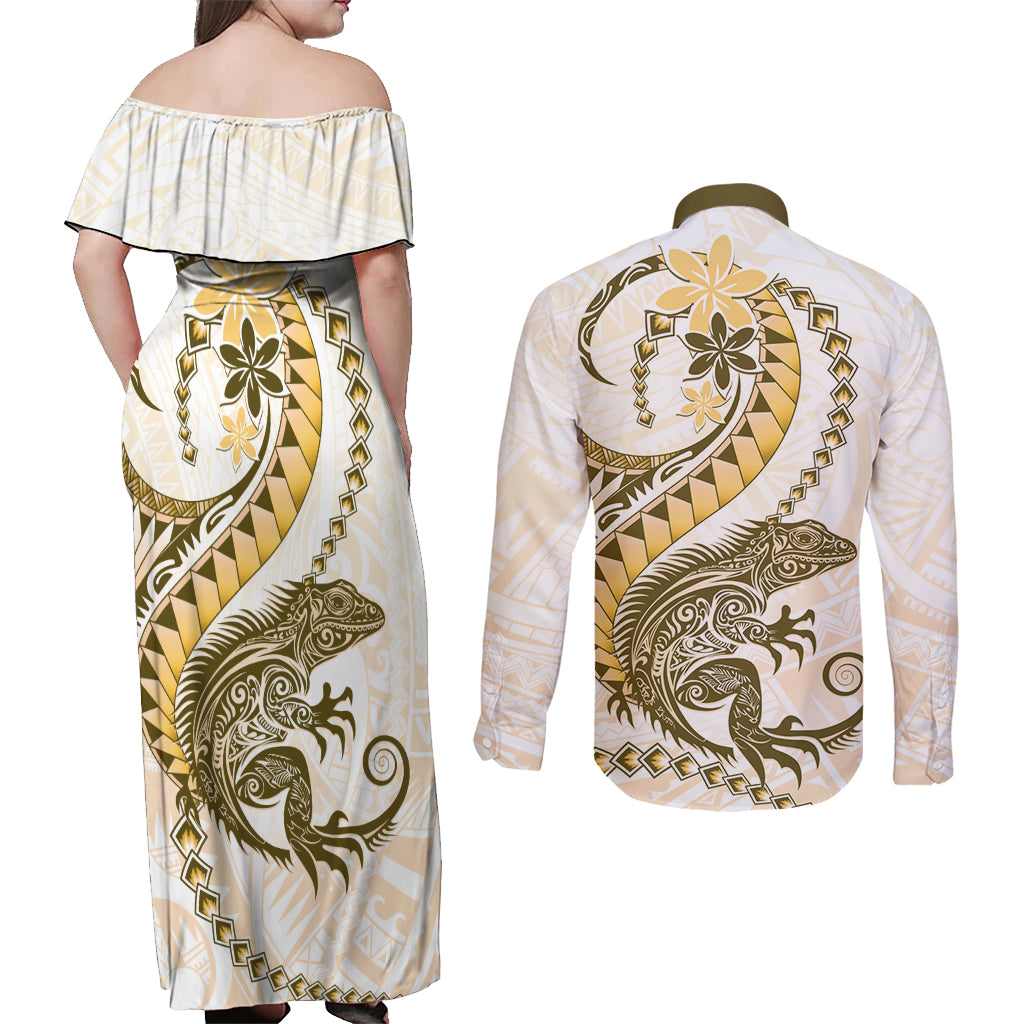 Gold Maori Tuatara Couples Matching Off Shoulder Maxi Dress and Long Sleeve Button Shirt Luxury Pastel Pattern LT01 - Polynesian Pride