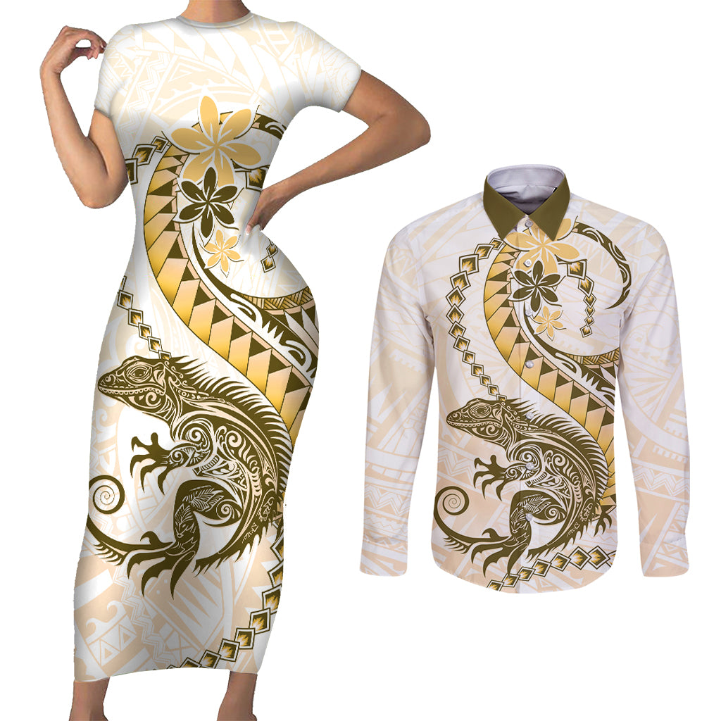 Gold Maori Tuatara Couples Matching Short Sleeve Bodycon Dress and Long Sleeve Button Shirt Luxury Pastel Pattern LT01 Gold - Polynesian Pride