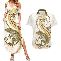 Gold Maori Tuatara Couples Matching Summer Maxi Dress and Hawaiian Shirt Luxury Pastel Pattern