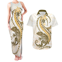 Gold Maori Tuatara Couples Matching Tank Maxi Dress and Hawaiian Shirt Luxury Pastel Pattern