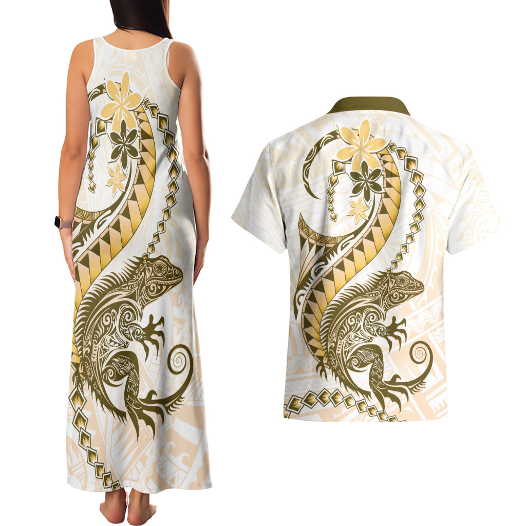 Gold Maori Tuatara Couples Matching Tank Maxi Dress and Hawaiian Shirt Luxury Pastel Pattern