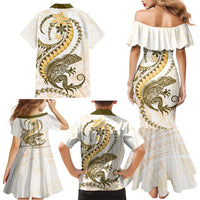 Gold Maori Tuatara Family Matching Mermaid Dress and Hawaiian Shirt Luxury Pastel Pattern LT01 - Polynesian Pride
