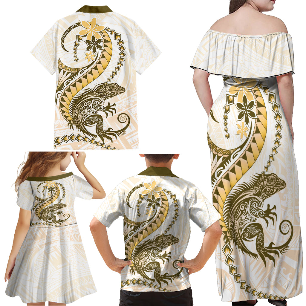 Gold Maori Tuatara Family Matching Off Shoulder Maxi Dress and Hawaiian Shirt Luxury Pastel Pattern LT01 - Polynesian Pride
