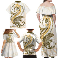Gold Maori Tuatara Family Matching Off Shoulder Maxi Dress and Hawaiian Shirt Luxury Pastel Pattern LT01 - Polynesian Pride