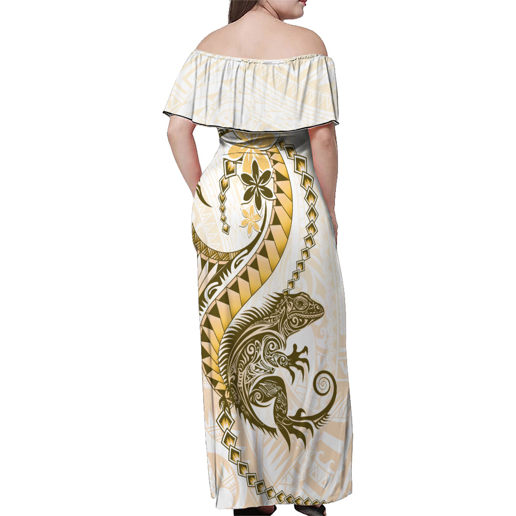 Gold Maori Tuatara Family Matching Off Shoulder Maxi Dress and Hawaiian Shirt Luxury Pastel Pattern LT01 - Polynesian Pride