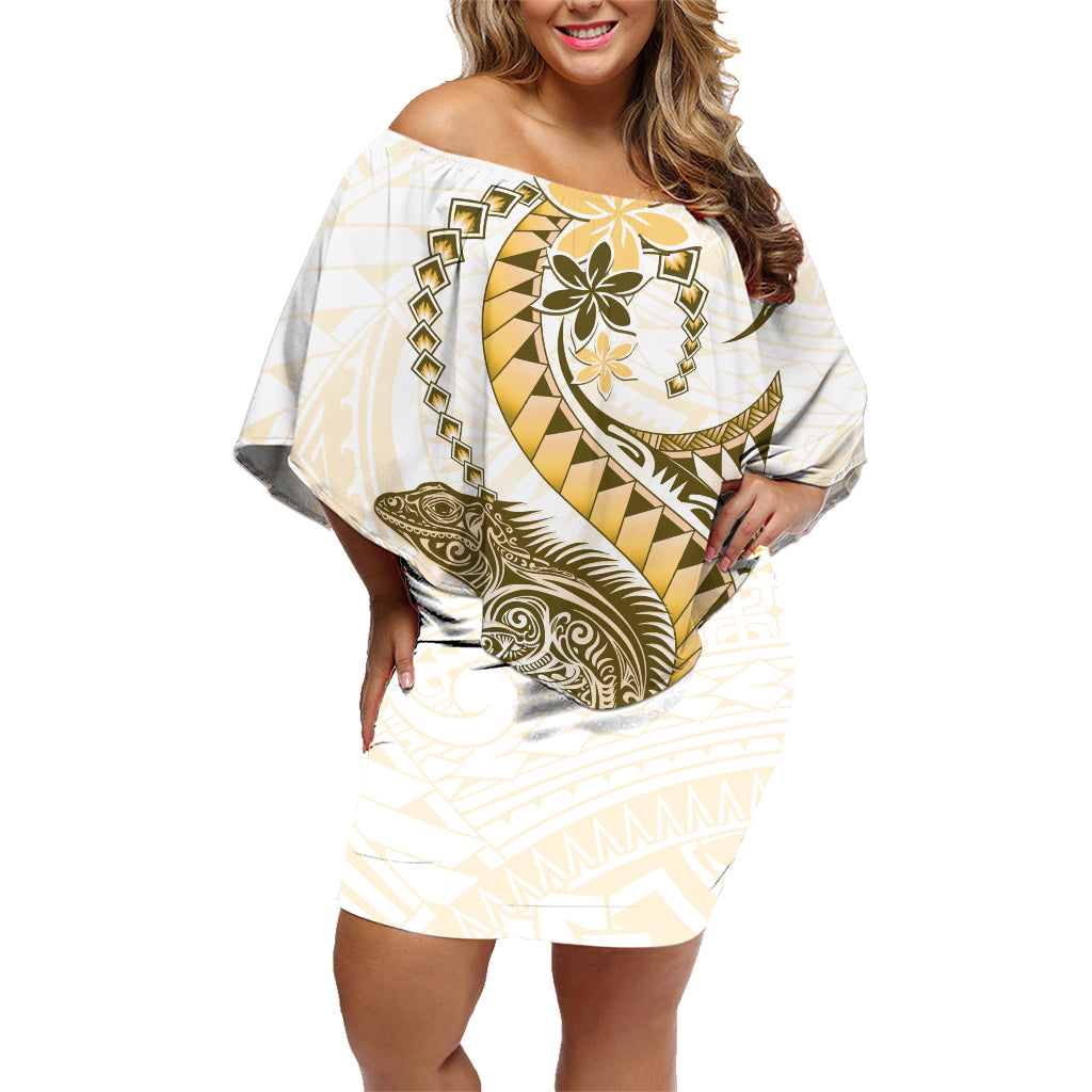 Gold Maori Tuatara Family Matching Off Shoulder Short Dress and Hawaiian Shirt Luxury Pastel Pattern LT01 Mom's Dress Gold - Polynesian Pride