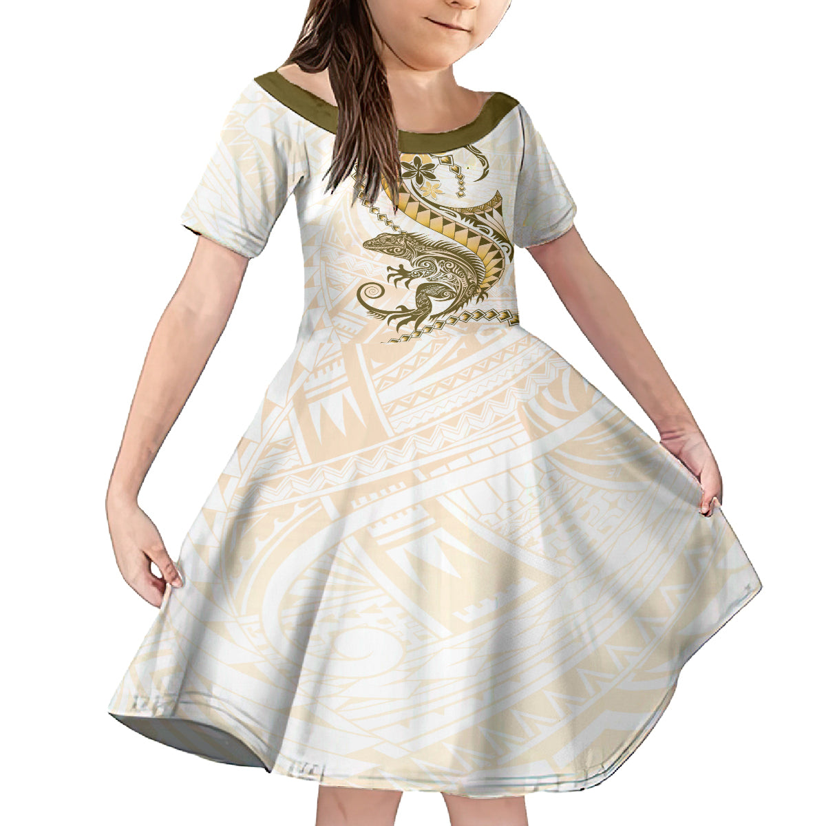 Gold Maori Tuatara Family Matching Puletasi and Hawaiian Shirt Luxury Pastel Pattern LT01 Daughter's Dress Gold - Polynesian Pride
