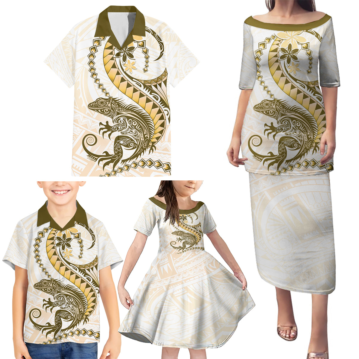 Gold Maori Tuatara Family Matching Puletasi and Hawaiian Shirt Luxury Pastel Pattern LT01 - Polynesian Pride