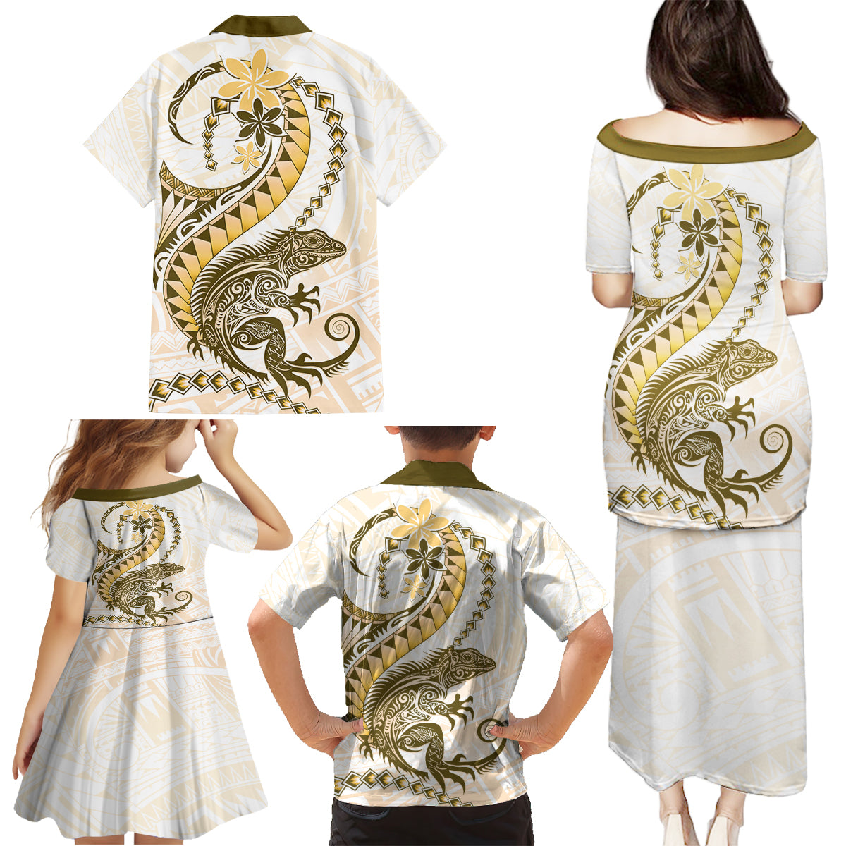 Gold Maori Tuatara Family Matching Puletasi and Hawaiian Shirt Luxury Pastel Pattern LT01 - Polynesian Pride