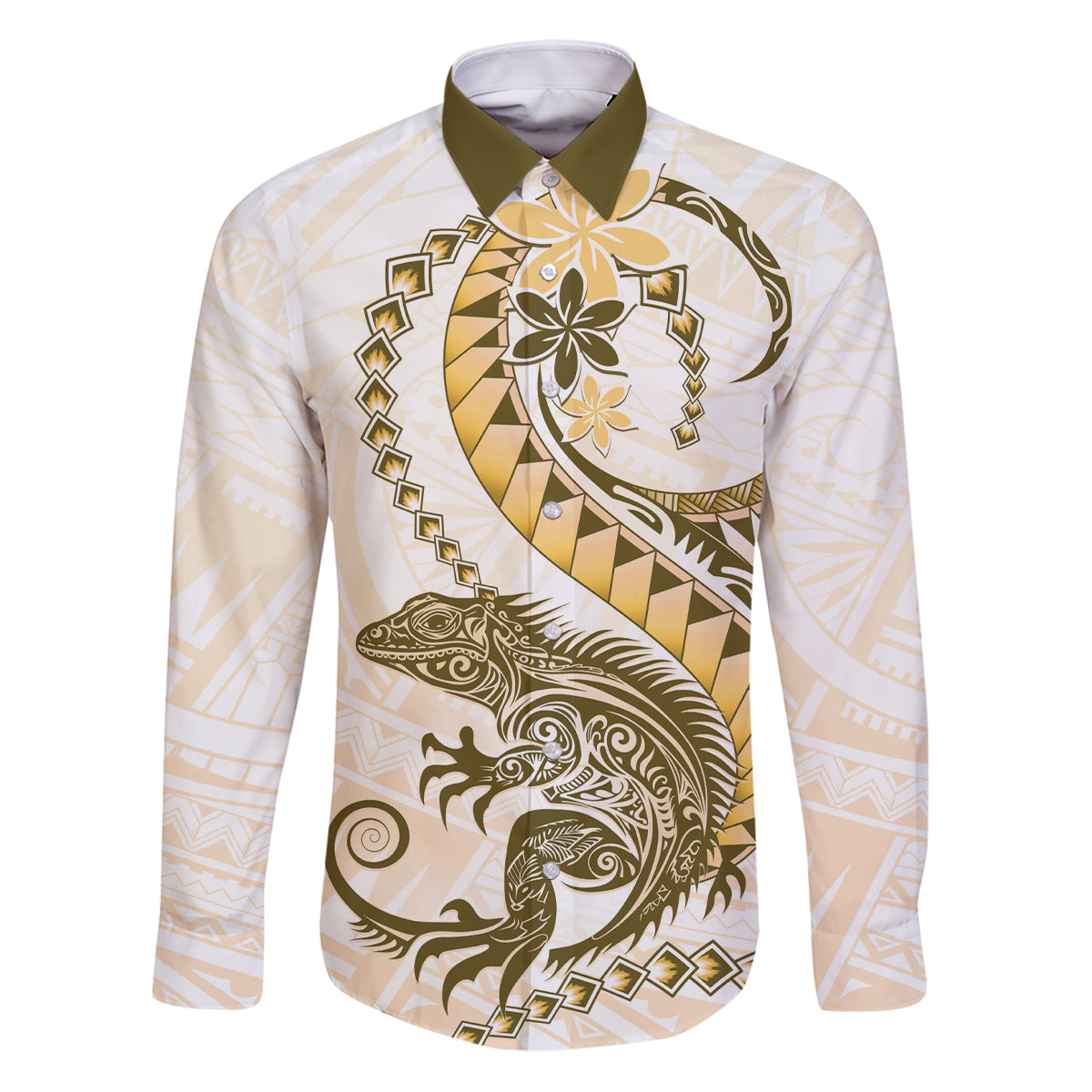 Gold Maori Tuatara Family Matching Puletasi and Hawaiian Shirt Luxury Pastel Pattern LT01 Dad's Shirt - Long Sleeve Gold - Polynesian Pride