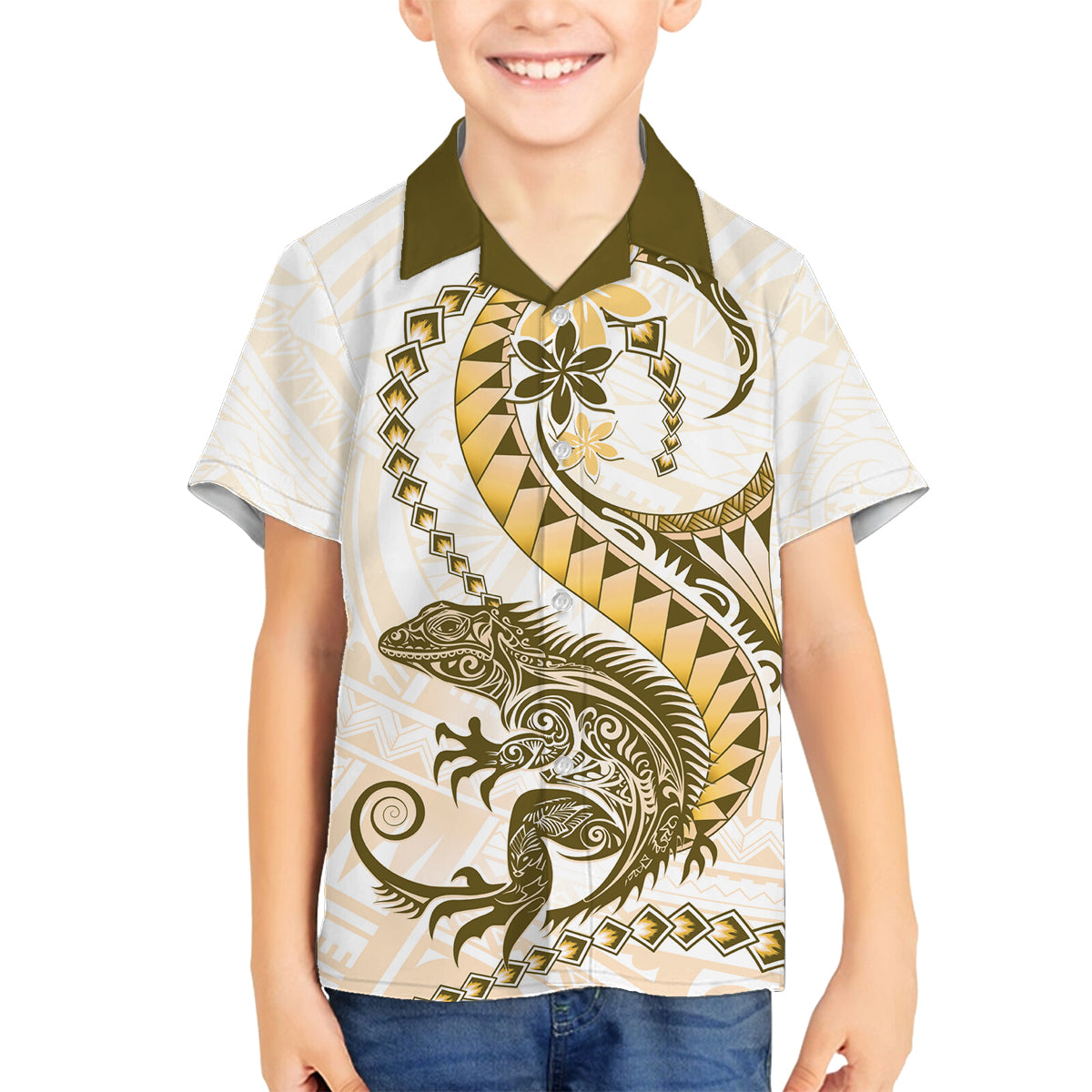 Gold Maori Tuatara Family Matching Puletasi and Hawaiian Shirt Luxury Pastel Pattern LT01 Son's Shirt Gold - Polynesian Pride