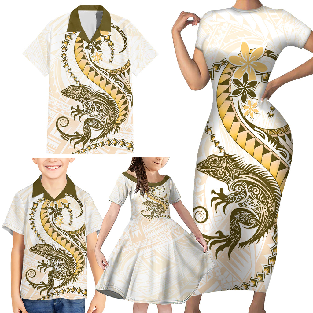 Gold Maori Tuatara Family Matching Short Sleeve Bodycon Dress and Hawaiian Shirt Luxury Pastel Pattern LT01 - Polynesian Pride