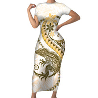 Gold Maori Tuatara Family Matching Short Sleeve Bodycon Dress and Hawaiian Shirt Luxury Pastel Pattern LT01 Mom's Dress Gold - Polynesian Pride
