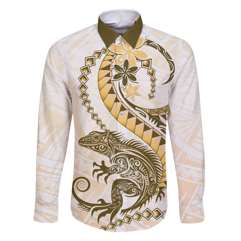 Gold Maori Tuatara Family Matching Summer Maxi Dress and Hawaiian Shirt Luxury Pastel Pattern LT01 Dad's Shirt - Long Sleeve Gold - Polynesian Pride