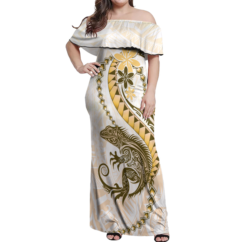Gold Maori Tuatara Off Shoulder Maxi Dress Luxury Pastel Pattern LT01 Women Gold - Polynesian Pride