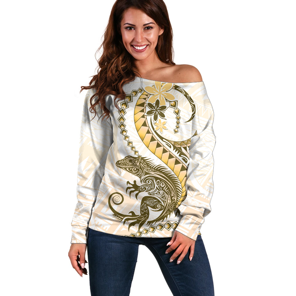 Gold Maori Tuatara Off Shoulder Sweater Luxury Pastel Pattern