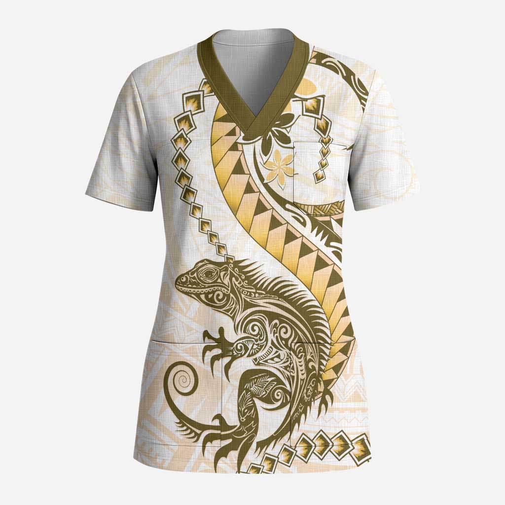 Gold Maori Tuatara Scrub Top Luxury Pastel Pattern - Polynesian Pride