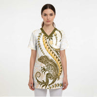 Gold Maori Tuatara Scrub Top Luxury Pastel Pattern - Polynesian Pride