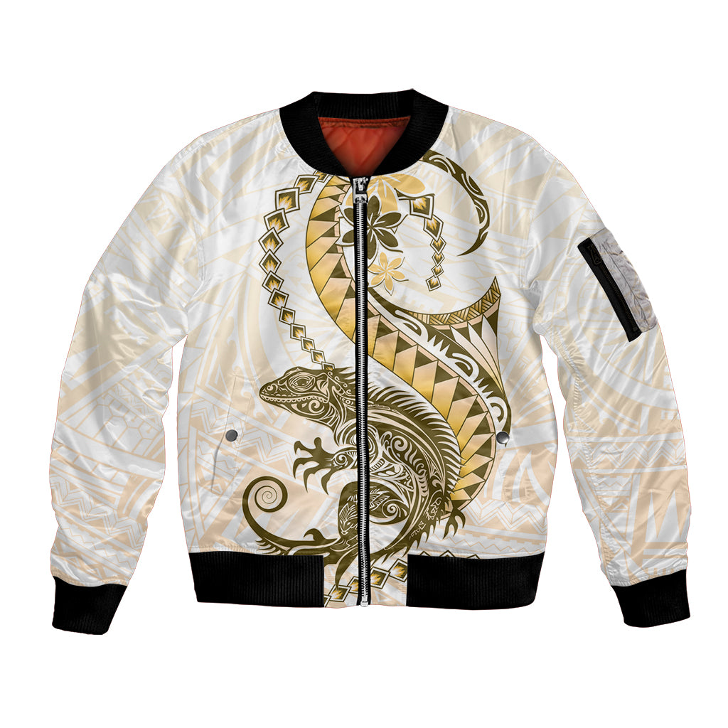 Gold Maori Tuatara Sleeve Zip Bomber Jacket Luxury Pastel Pattern