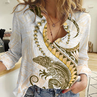 Gold Maori Tuatara Women Casual Shirt Luxury Pastel Pattern LT01 Female Gold - Polynesian Pride