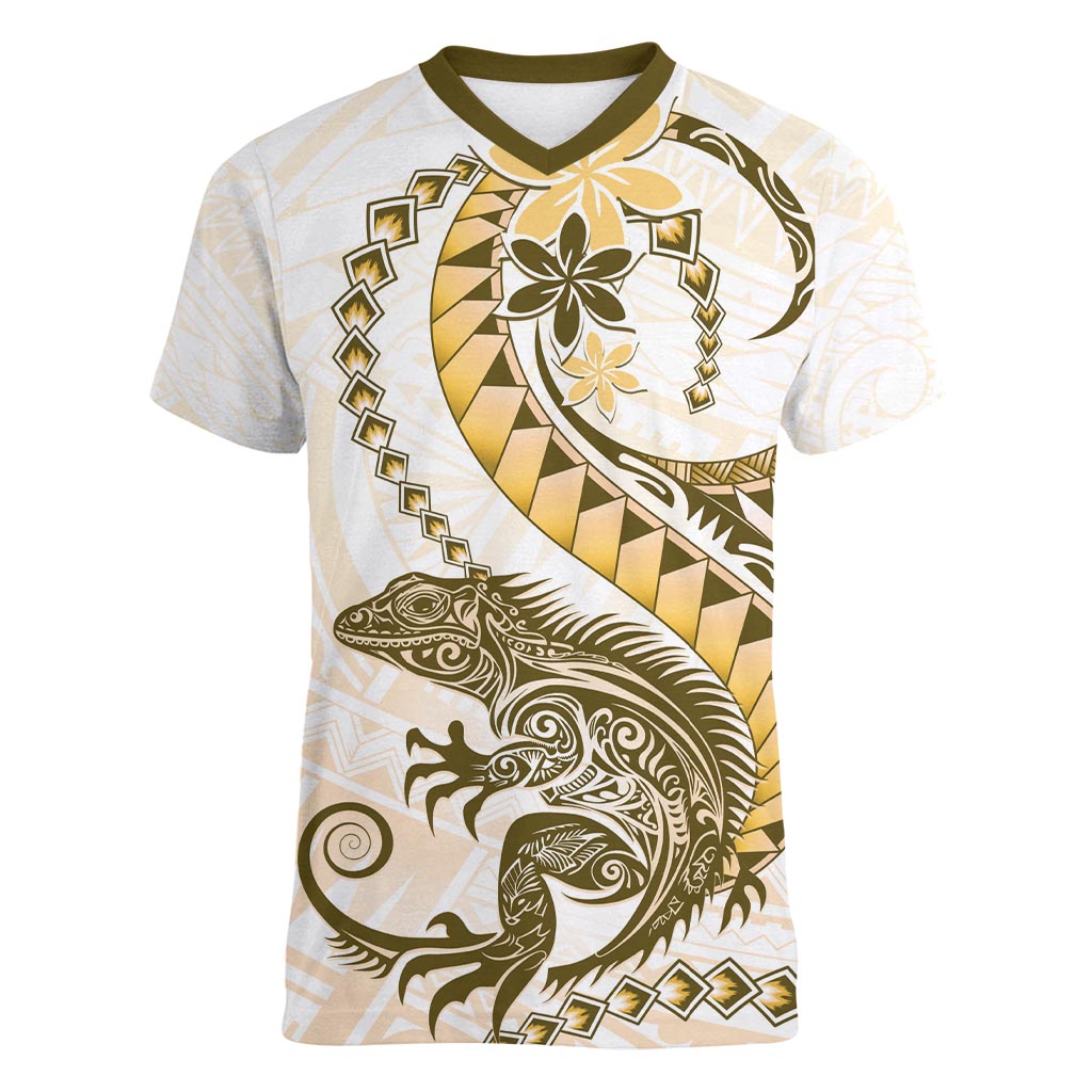 Gold Maori Tuatara Women V-Neck T-Shirt Luxury Pastel Pattern LT01 Female Gold - Polynesian Pride