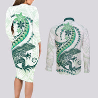 Green Maori Tuatara Couples Matching Long Sleeve Bodycon Dress and Long Sleeve Button Shirt Luxury Pastel Pattern