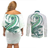 Green Maori Tuatara Couples Matching Off Shoulder Short Dress and Long Sleeve Button Shirt Luxury Pastel Pattern LT01 - Polynesian Pride