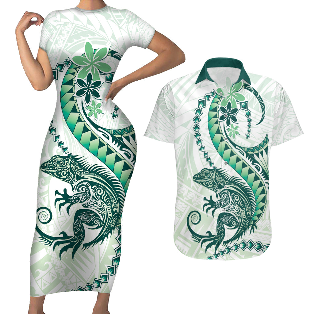 Green Maori Tuatara Couples Matching Short Sleeve Bodycon Dress and Hawaiian Shirt Luxury Pastel Pattern