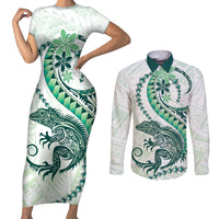 Green Maori Tuatara Couples Matching Short Sleeve Bodycon Dress and Long Sleeve Button Shirt Luxury Pastel Pattern