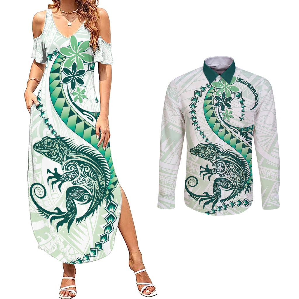 Green Maori Tuatara Couples Matching Summer Maxi Dress and Long Sleeve Button Shirt Luxury Pastel Pattern LT01 Green - Polynesian Pride