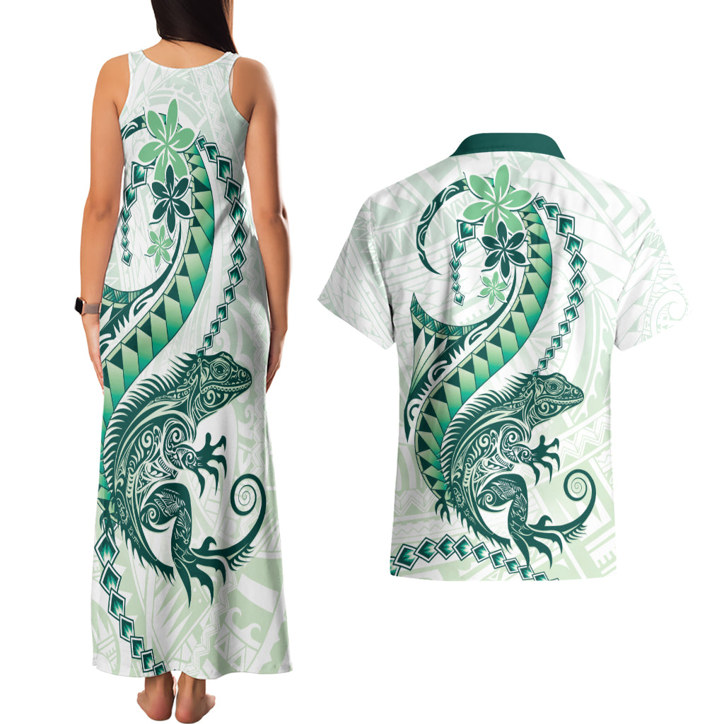 Green Maori Tuatara Couples Matching Tank Maxi Dress and Hawaiian Shirt Luxury Pastel Pattern