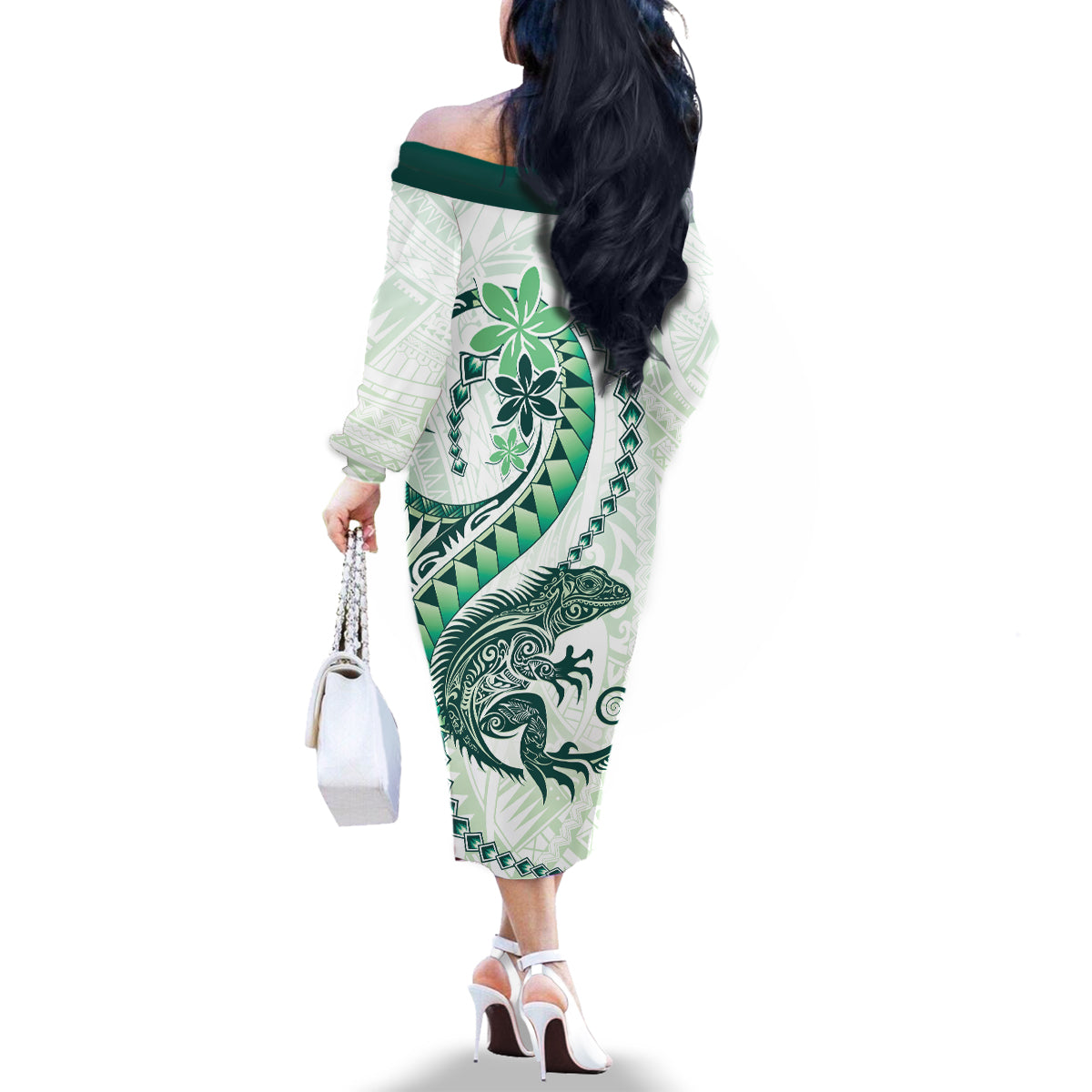 Green Maori Tuatara Family Matching Off The Shoulder Long Sleeve Dress and Hawaiian Shirt Luxury Pastel Pattern